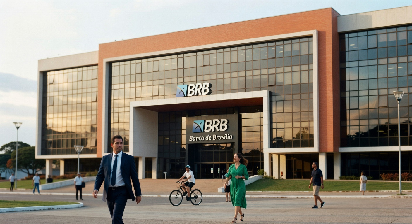 Edifício moderno sede do BRB Banco de Brasília com fachada de vidro e pessoas caminhando em frente, setor bancário