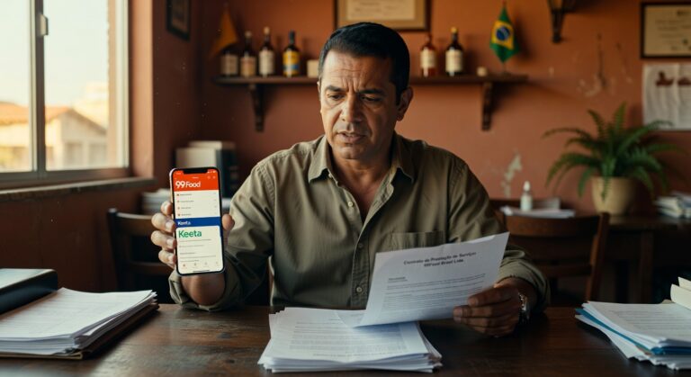Empresário segurando smartphone com aplicativo 99Food e documentos sobre mesa, delivery anticompetitivo