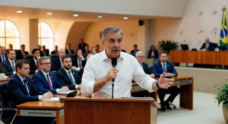 Homem de camisa branca discursa em tribuna de plenário com microfone, deputados sentados ao fundo, bandeira Brasil visível