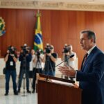 Homem de terno azul discursa em púlpito oficial com bandeira do Brasil e brasão ao fundo, jornalistas fotografam, política econômica