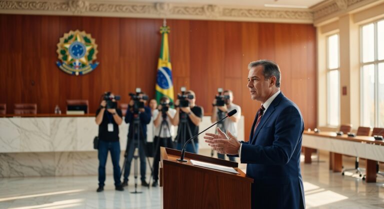 Homem de terno azul discursa em púlpito oficial com bandeira do Brasil e brasão ao fundo, jornalistas fotografam, política econômica