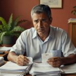 Homem de camisa branca segura nota fiscal em escritório com pilhas de papéis sobre mesa, carga tributária