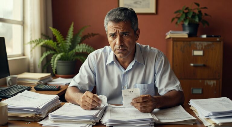 Homem de camisa branca segura nota fiscal em escritório com pilhas de papéis sobre mesa, carga tributária