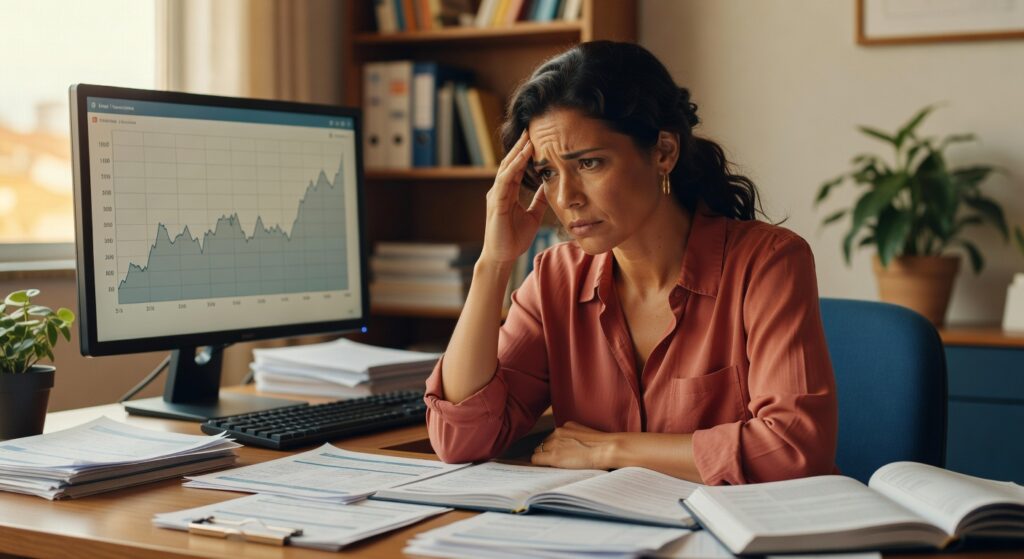 Mulher preocupada observando gráfico de crescimento em monitor, cercada por documentos financeiros e relatórios econômicos
