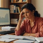 Mulher preocupada observando gráfico de crescimento em monitor, cercada por documentos financeiros e relatórios econômicos