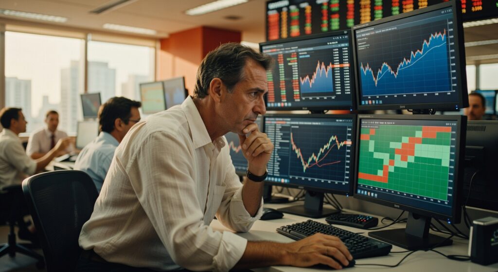 Profissional de camisa branca observa múltiplos monitores com gráficos financeiros e dados de mercado em ambiente de trading