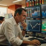 Profissional de camisa branca observa múltiplos monitores com gráficos financeiros e dados de mercado em ambiente de trading