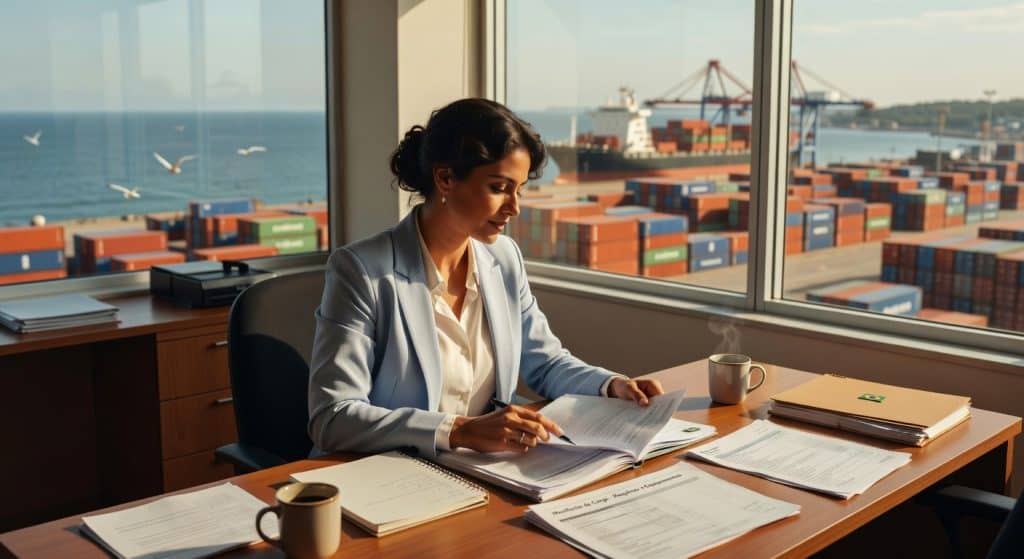 Mulher executiva de terno analisando relatórios em escritório com vista para terminal portuário de contêineres