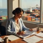 Mulher executiva de terno analisando relatórios em escritório com vista para terminal portuário de contêineres