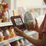 Mulher segura chocolate amargo 70% cacau por R$ 89,90 em supermercado, comparando preços de Páscoa inflação