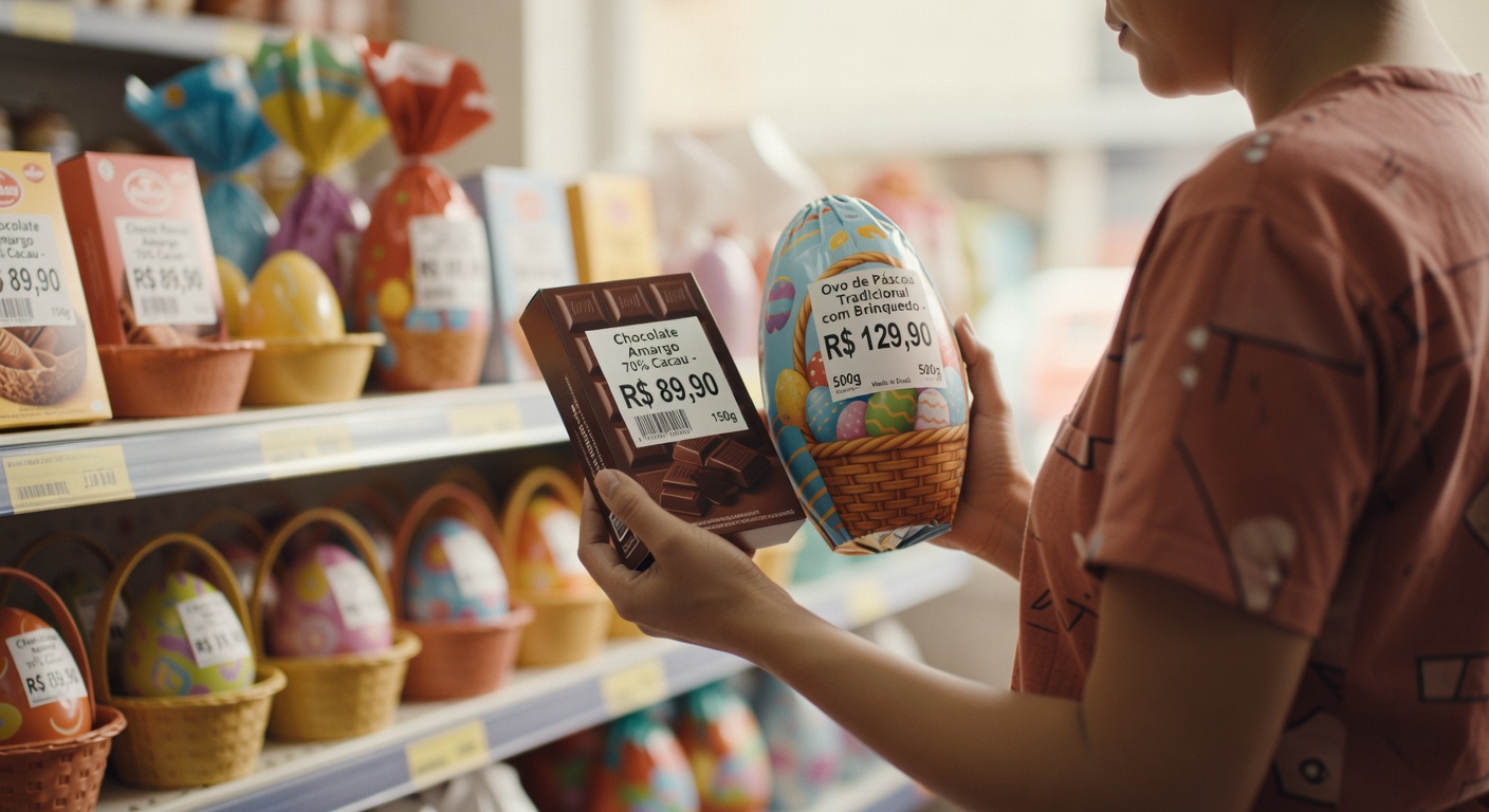 Mulher segura chocolate amargo 70% cacau por R$ 89,90 em supermercado, comparando preços de Páscoa inflação
