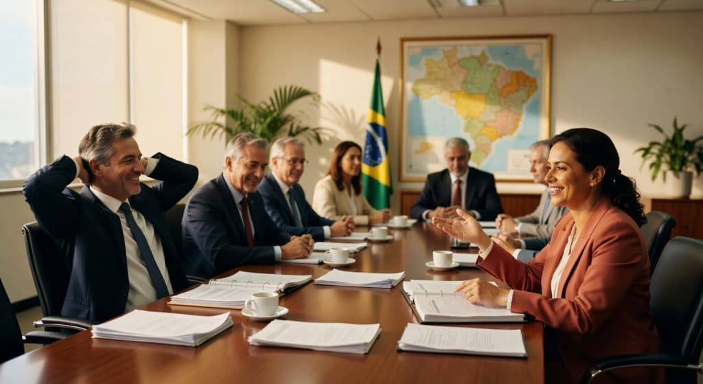 Executivos em reunião formal ao redor de mesa com documentos, bandeira do Brasil ao fundo, regulação bancária