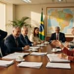Executivos em reunião formal ao redor de mesa com documentos, bandeira do Brasil ao fundo, regulação bancária
