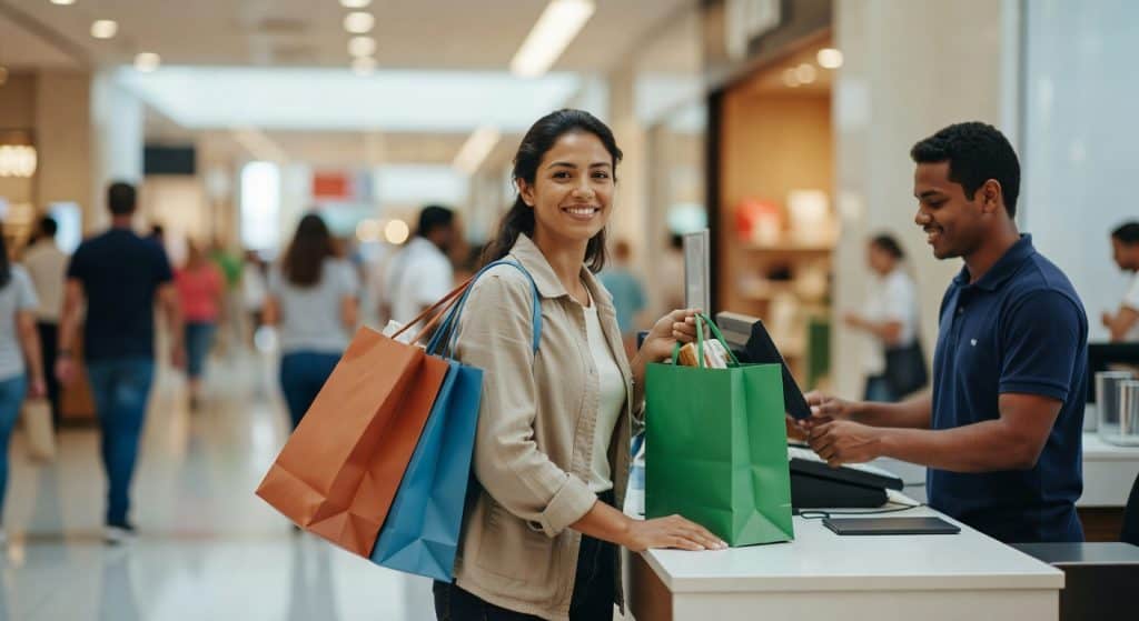 Mulher jovem carregando sacolas coloridas de compras em shopping center, representando consumo e varejo brasileiro