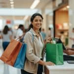 Mulher jovem carregando sacolas coloridas de compras em shopping center, representando consumo e varejo brasileiro