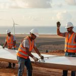 Trabalhadores de capacetes brancos e coletes laranjas montam pá de aerogerador com turbinas eólicas ao fundo energia renovável