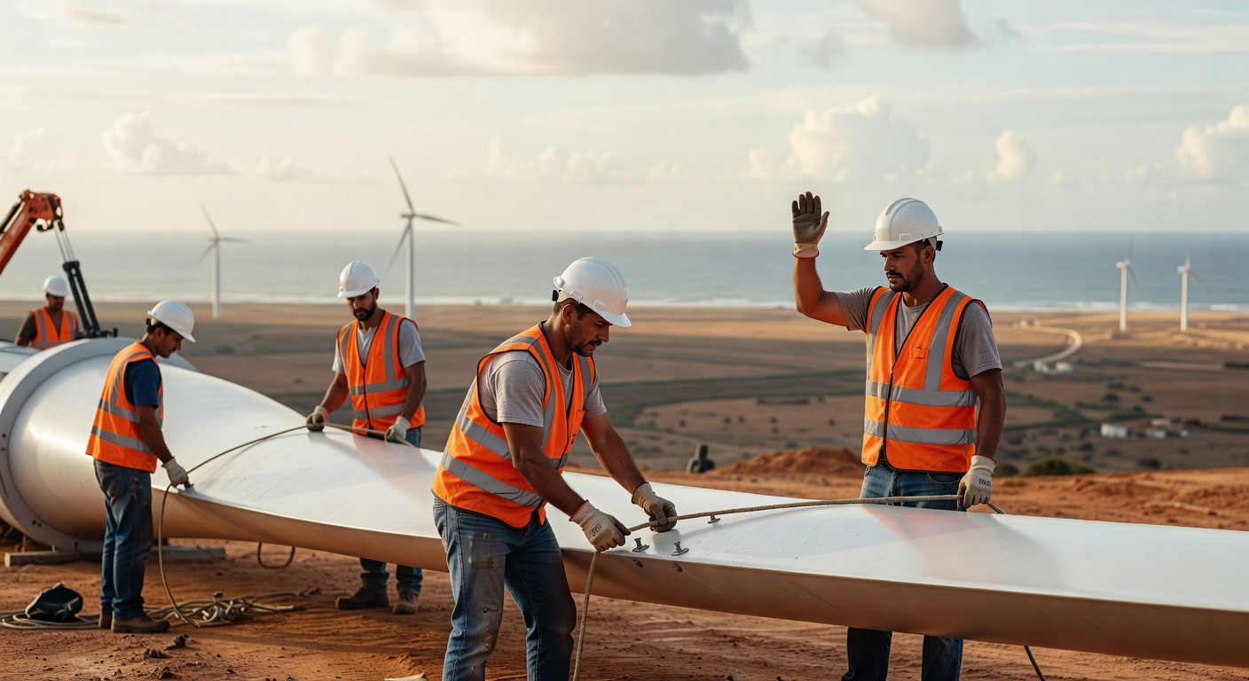 Trabalhadores de capacetes brancos e coletes laranjas montam pá de aerogerador com turbinas eólicas ao fundo energia renovável