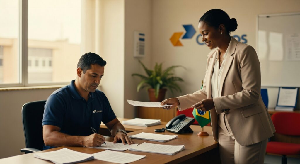 Funcionários dos Correios em ambiente de trabalho com bandeira do Brasil, documentos e telefone sobre mesa corporativa PDV