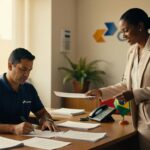 Funcionários dos Correios em ambiente de trabalho com bandeira do Brasil, documentos e telefone sobre mesa corporativa PDV