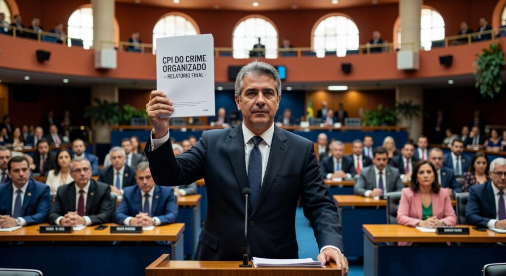 Senador em plenário segurando documento da CPI do Crime Organizado durante sessão parlamentar política