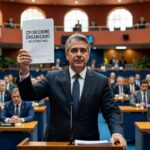 Senador em plenário segurando documento da CPI do Crime Organizado durante sessão parlamentar política