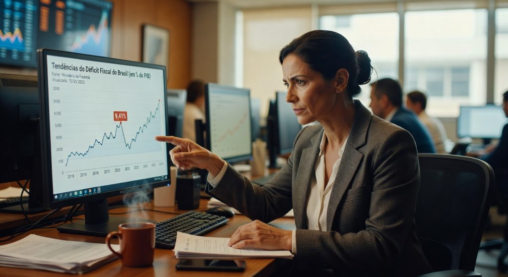 Profissional analisando gráfico sobre tendências do déficit fiscal do Brasil em monitor, mostrando 9,41% do PIB