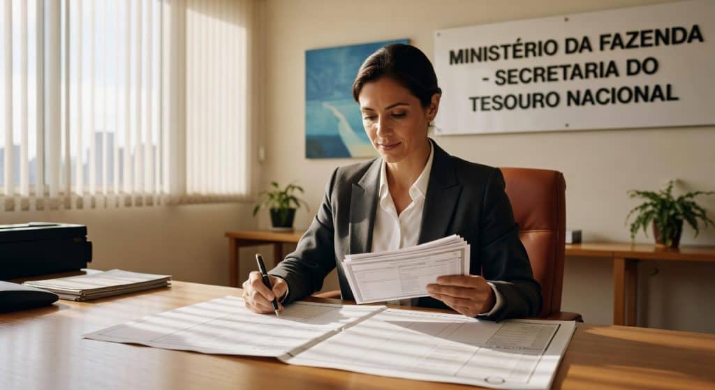 Mulher de terno trabalhando com documentos no escritório do Ministério da Fazenda - Secretaria do Tesouro Nacional, dívida pública
