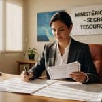 Mulher de terno trabalhando com documentos no escritório do Ministério da Fazenda - Secretaria do Tesouro Nacional, dívida pública