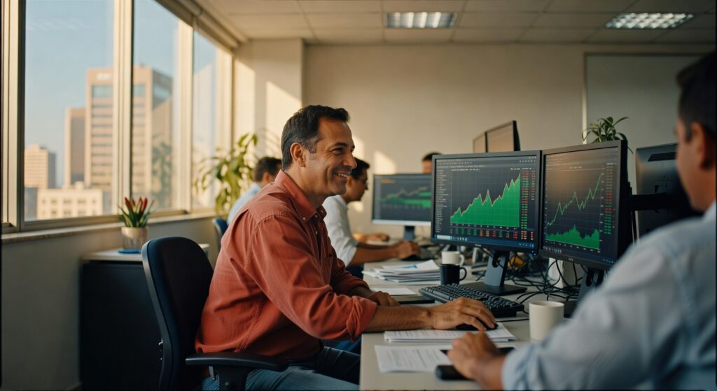 Profissionais em escritório analisando gráficos de trading e dados financeiros em monitores, mercado cambial dólar