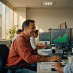 Profissionais em escritório analisando gráficos de trading e dados financeiros em monitores, mercado cambial dólar