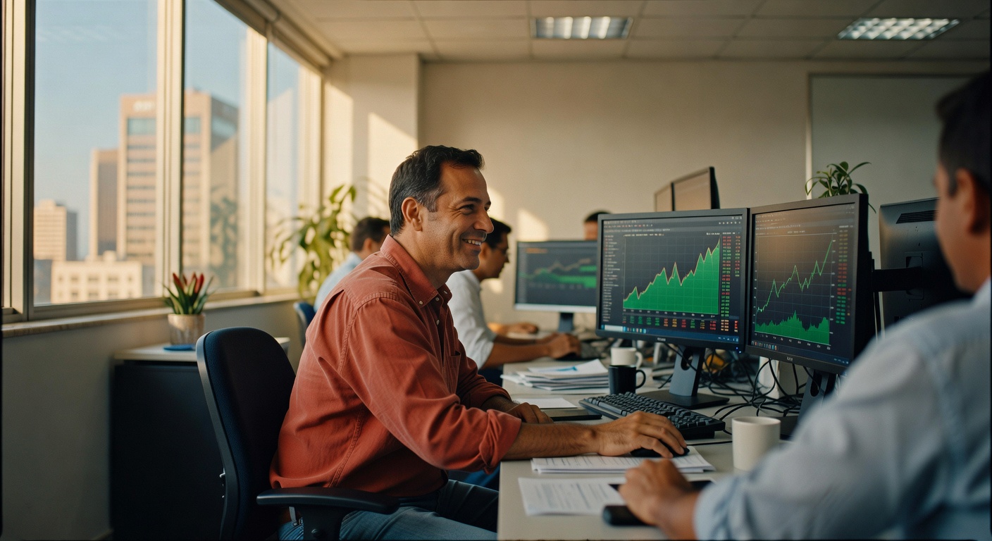 Profissionais em escritório analisando gráficos de trading e dados financeiros em monitores, mercado cambial dólar