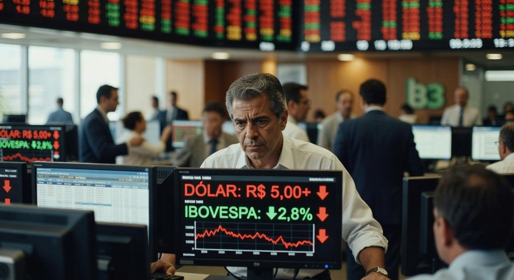 Trader concentrado observa monitor com cotação do dólar acima de R$ 5,00 e queda do Ibovespa em sala de operações bolsa valores