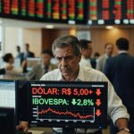Trader concentrado observa monitor com cotação do dólar acima de R$ 5,00 e queda do Ibovespa em sala de operações bolsa valores
