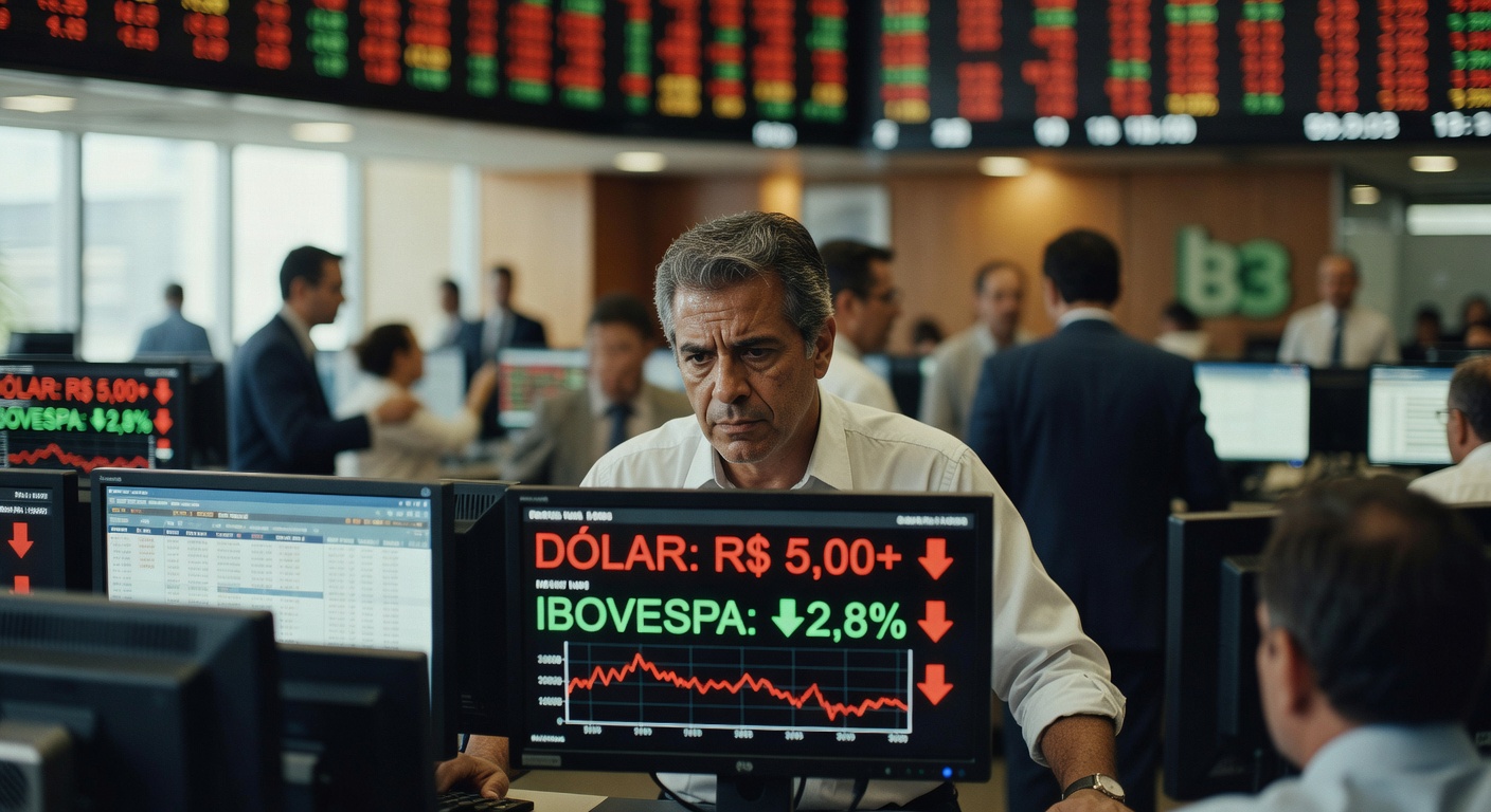 Trader concentrado observa monitor com cotação do dólar acima de R$ 5,00 e queda do Ibovespa em sala de operações bolsa valores
