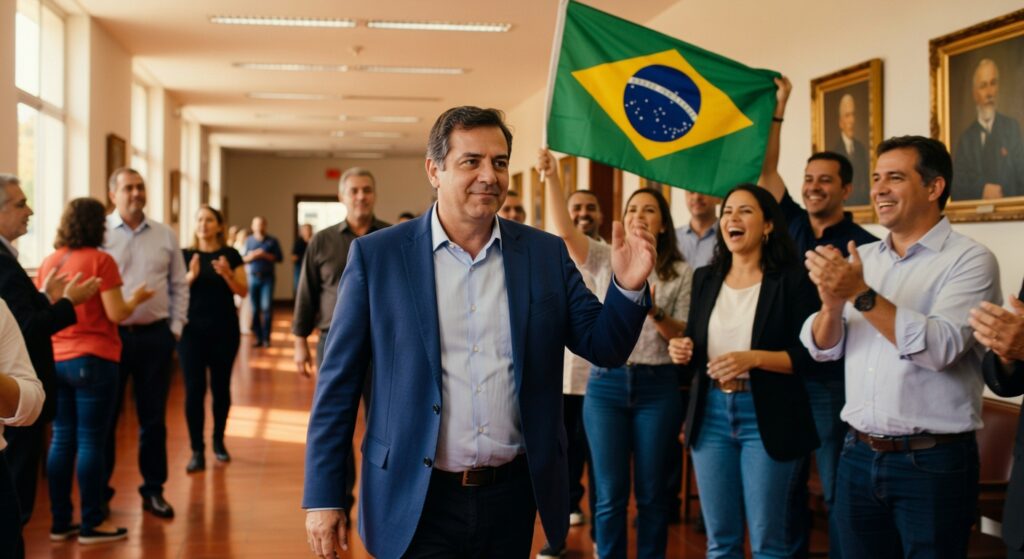 Homem de terno azul acena para apoiadores em ambiente oficial com bandeira do Brasil ao fundo, política brasileira