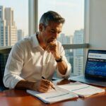 Executivo de camisa branca analisando gráficos de mercado em laptop com vista urbana, investimentos e análise financeira