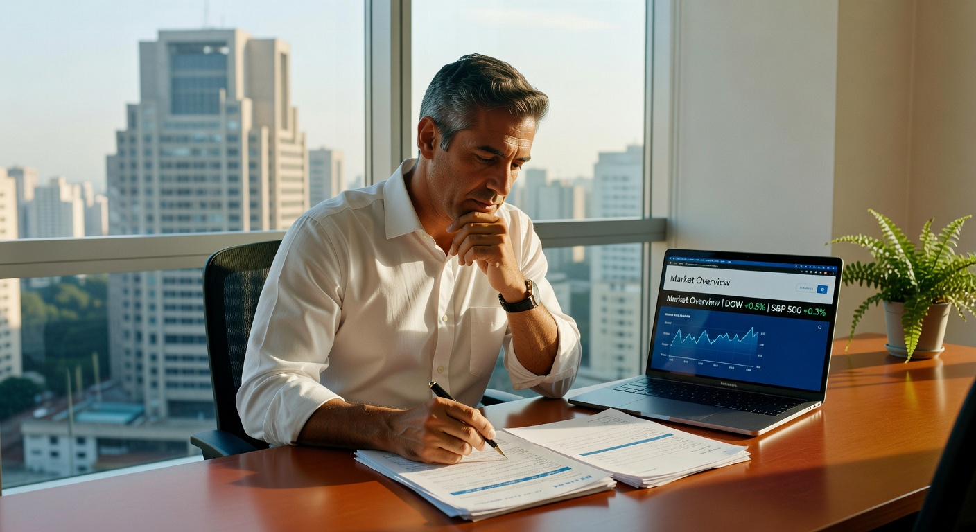 Executivo de camisa branca analisando gráficos de mercado em laptop com vista urbana, investimentos e análise financeira