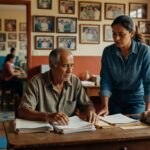 Homem idoso sentado e mulher jovem em pé analisando papéis em escritório com fotos na parede sucessão empresarial