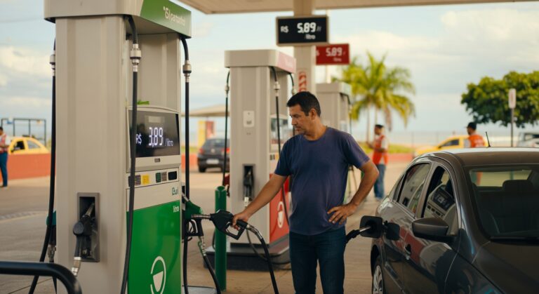 Homem abastecendo veículo em posto de combustível com bomba de etanol, preços visíveis no display eletrônico