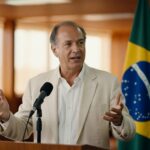 Homem de terno bege discursando em microfone com bandeiras do Brasil ao fundo, representando autoridade governamental