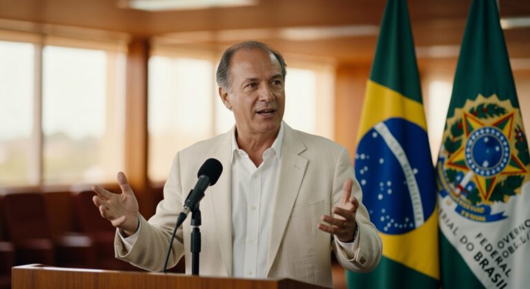 Homem de terno bege discursando em microfone com bandeiras do Brasil ao fundo, representando autoridade governamental