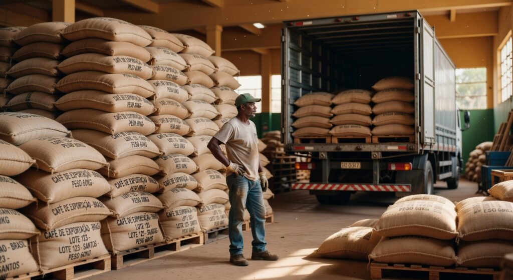 Trabalhador supervisionando carregamento de caminhão com sacas de café em armazém, exportações agronegócio