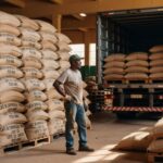 Trabalhador supervisionando carregamento de caminhão com sacas de café em armazém, exportações agronegócio