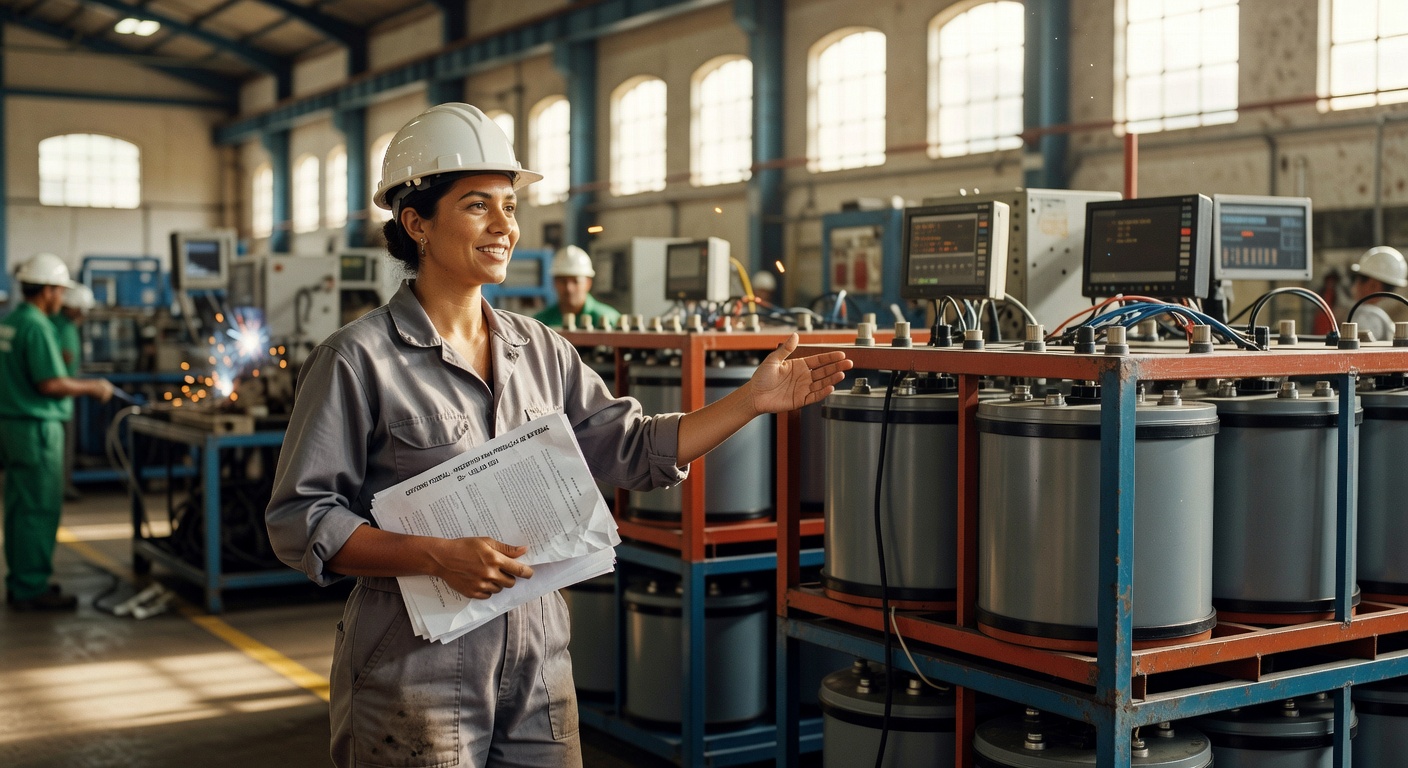 Engenheira com capacete branco segura documentos em fábrica de baterias industriais com monitores de controle