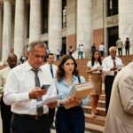 Grupo de advogados e profissionais jurídicos com documentos nas escadarias de tribunal recuperação judicial