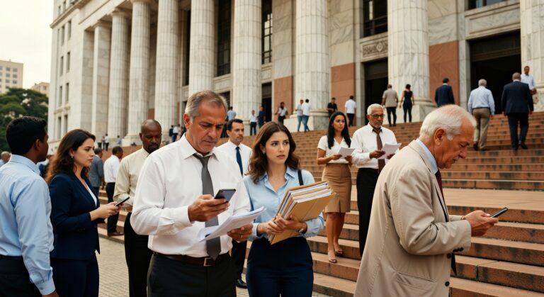 Grupo de advogados e profissionais jurídicos com documentos nas escadarias de tribunal recuperação judicial