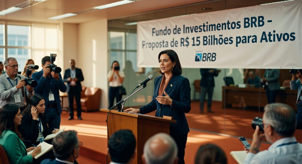 Executiva em coletiva de imprensa sobre Fundo de Investimentos BRB com proposta de R$ 15 bilhões para ativos financeiros
