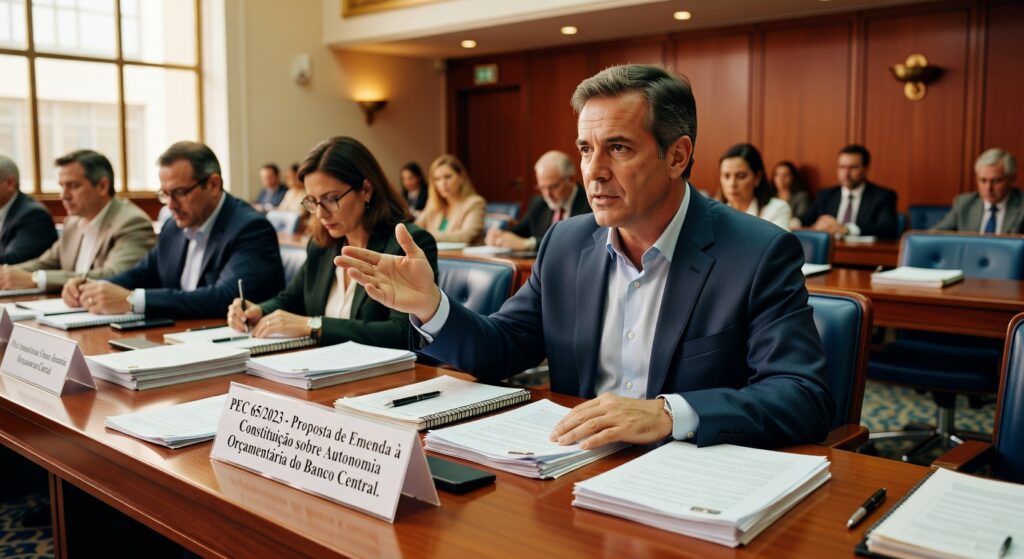 Gabriel Galípolo gesticula durante audiência sobre PEC da autonomia orçamentária do Banco Central no Congresso Nacional