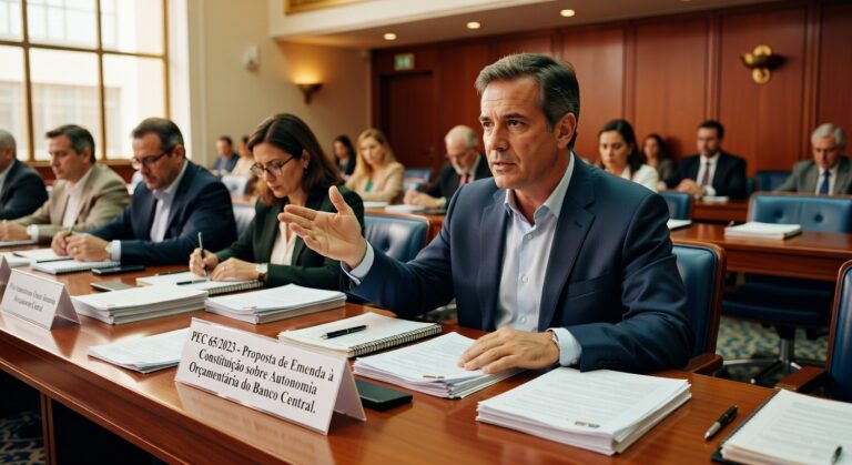 Gabriel Galípolo gesticula durante audiência sobre PEC da autonomia orçamentária do Banco Central no Congresso Nacional