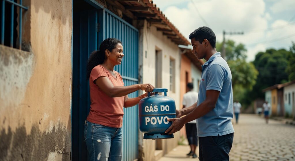 Mulher recebendo botijão azul do Gás do Povo de entregador em rua residencial programa social subsidio gas